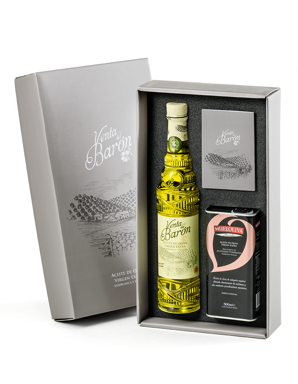 Spanish olive oil gift set: Venta del Barón extra virgin olive oil and Mueloliva Picuda olive oil