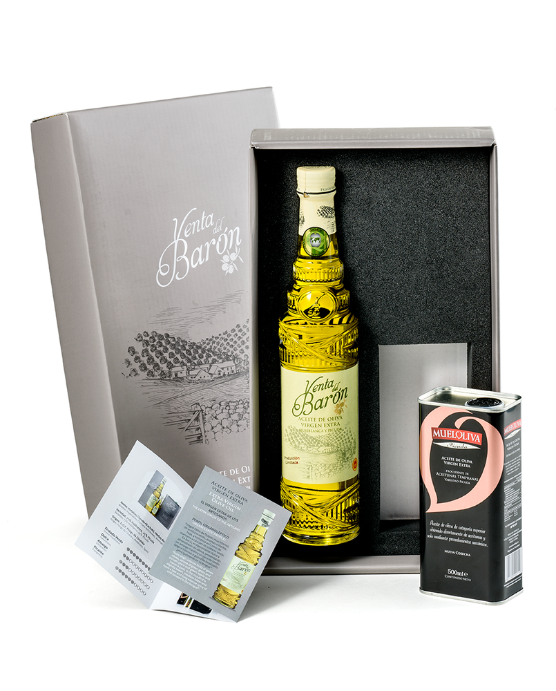 
                  
                    Spanish olive oil gift set: Venta del Barón extra virgin olive oil and Mueloliva Picuda olive oil
                  
                