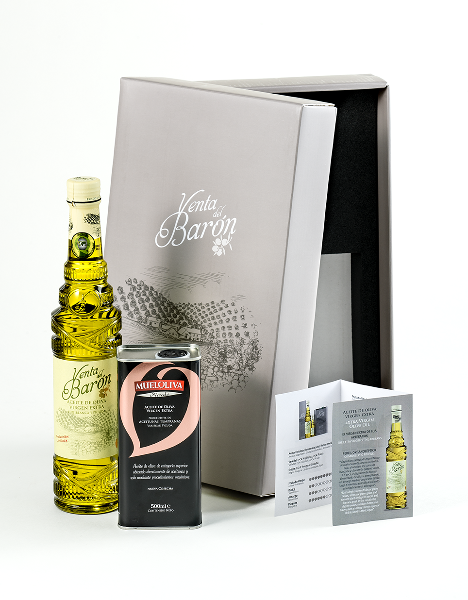 
                  
                    Spanish olive oil gift set: Venta del Barón extra virgin olive oil and Mueloliva Picuda olive oil
                  
                